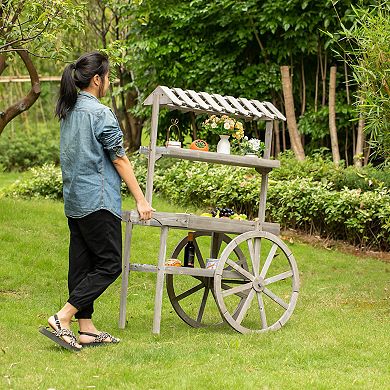 Rustic Wood Cart Rack Plant Stand 3 Tier With Wheels For Display