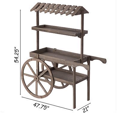 Rustic Wood Cart Rack Plant Stand 3 Tier With Wheels For Display