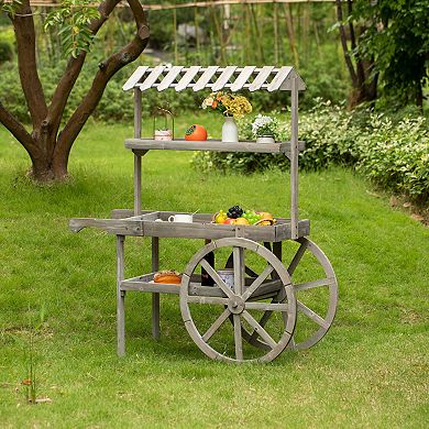 Rustic Wood Cart Rack Plant Stand 3 Tier With Wheels For Display
