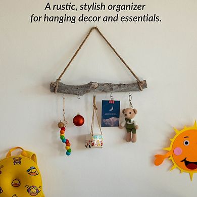 Uniquewise 19-inch Natural Decorative Jujube Wooden Log Hanging Farmhouse Wall Decor with 5 Hooks