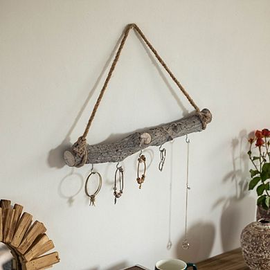 Uniquewise 19-inch Natural Decorative Jujube Wooden Log Hanging Farmhouse Wall Decor with 5 Hooks