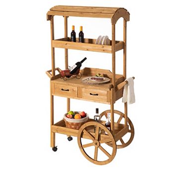 Large Wooden Display Rolling Table With Drawers And Wheels 3 tier With Shelves For Food And More
