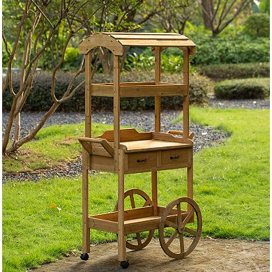 Large Wooden Display Rolling Table With Drawers And Wheels 3 Tier With Shelves For Food And More