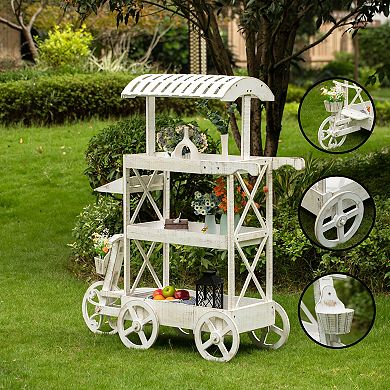 Wood Decor Display Rack Mobile Food Cart With Wheels, 3 Tier, For Food And More