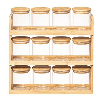 Basicwise Versatile 3 tier Bamboo Spice Rack and Pantry Organizer with 12 Glass Jars