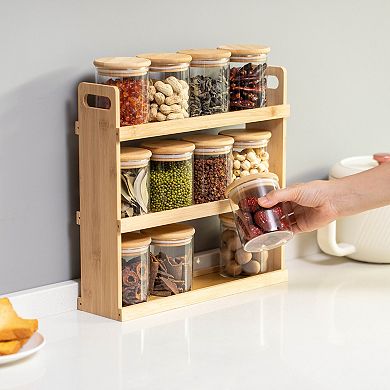 Basicwise Versatile 3-Tier Bamboo Spice Rack and Pantry Organizer with 12 Glass Jars