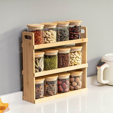 Basicwise Versatile 3-Tier Bamboo Spice Rack and Pantry Organizer with 12 Glass Jars
