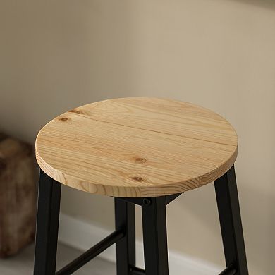28-Inch Rustic Round Solid Wood Counter-Height Bar Stool with Footrest and Durable Steel Frame