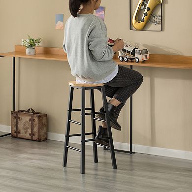 28-Inch Rustic Round Solid Wood Counter-Height Bar Stool with Footrest and Durable Steel Frame