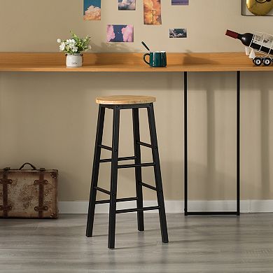 28-Inch Rustic Round Solid Wood Counter-Height Bar Stool with Footrest and Durable Steel Frame