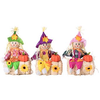Sitting On Straw And Hay Bales Multicolor Trio Scarecrows For All Season Garden Decor