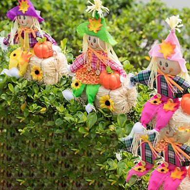 Sitting On Straw And Hay Bales Multicolor Trio Scarecrows For All Season Garden Decor