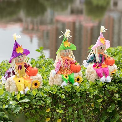 Sitting On Straw And Hay Bales Multicolor Trio Scarecrows For All Season Garden Decor