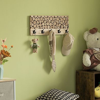 Natural Wood Hook Rack With Five Hooks For Entryway, Office, Bedroom, And Playroom