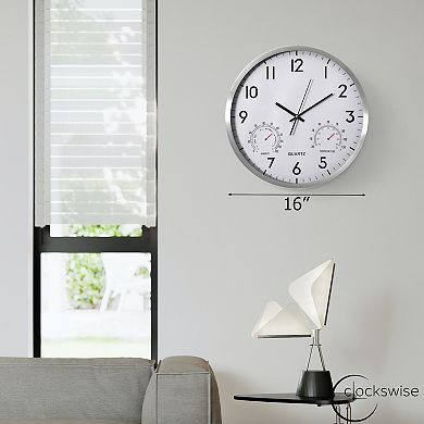 Clockswise 16-inch Non-Ticking Quartz Wall Clock with Thermometer & Hygrometer