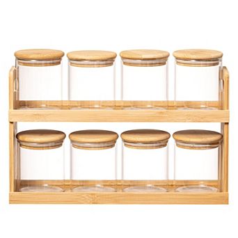 Basicwise Versatile 2 tier Bamboo Spice Rack and Pantry Organizer with 8 Glass Jars