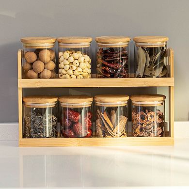 Basicwise Versatile 2-Tier Bamboo Spice Rack and Pantry Organizer with 8 Glass Jars