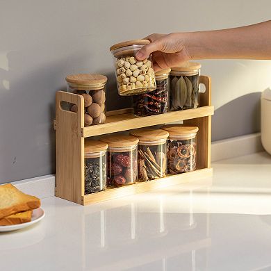 Basicwise Versatile 2-Tier Bamboo Spice Rack and Pantry Organizer with 8 Glass Jars
