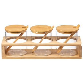 Basicwise 3 pc Glass Containers with Bamboo Lids and Tray Holder