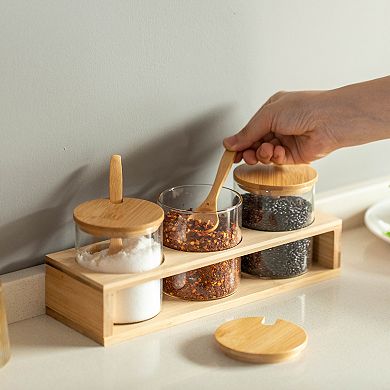 Basicwise 3-Piece Glass Containers with Bamboo Lids and Tray Holder