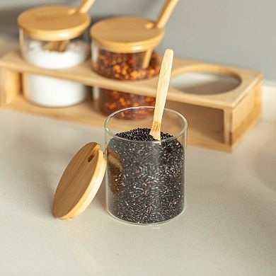 Basicwise 3-Piece Glass Containers with Bamboo Lids and Tray Holder