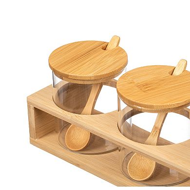 Basicwise 3-Piece Glass Containers with Bamboo Lids and Tray Holder