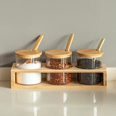 Basicwise 3-Piece Glass Containers with Bamboo Lids and Tray Holder