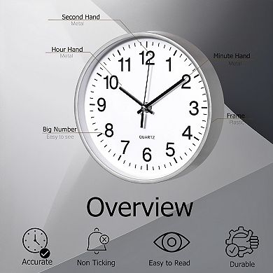 Clockswise Silver 8-In Analog Clock Silent, Non-Ticking for Wall