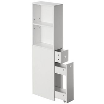 Narrow And Slim Design White Bathroom Storage Cabinet, With Storage Drawer And Adjustable Shelf