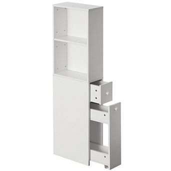 Narrow And Slim Design White Bathroom Storage Cabinet, With Storage Drawer And Adjustable Shelf
