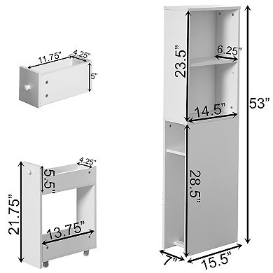 Narrow And Slim Design White Bathroom Storage Cabinet, With Storage Drawer And Adjustable Shelf