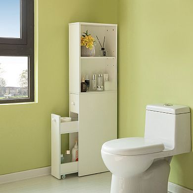Narrow And Slim Design White Bathroom Storage Cabinet, With Storage Drawer And Adjustable Shelf
