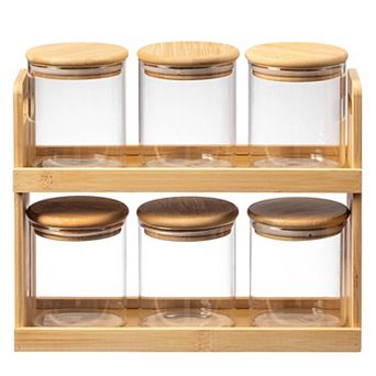 Basicwise Versatile 2 tier Bamboo Spice Rack and Pantry Organizer with 6 Glass Jars