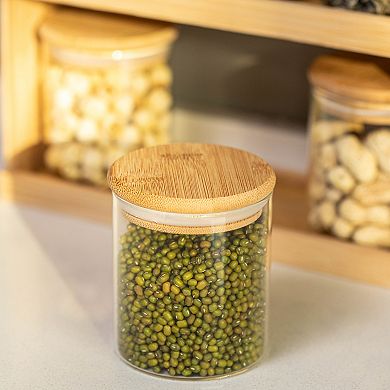 Basicwise Versatile 2-Tier Bamboo Spice Rack and Pantry Organizer with 6 Glass Jars