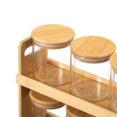 Basicwise Versatile 2-Tier Bamboo Spice Rack and Pantry Organizer with 6 Glass Jars