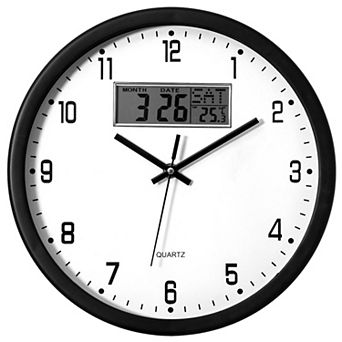 Clockswise 12-inch Wall Clock, Non-Ticking Analog & Digital with Temperature Display