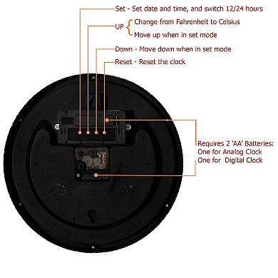 Clockswise 12-inch Wall Clock, Non-Ticking Analog & Digital with Temperature Display