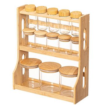 Basicwise Versatile 3 tier Bamboo Spice Rack and Pantry Organizer with 13 Glass Jars
