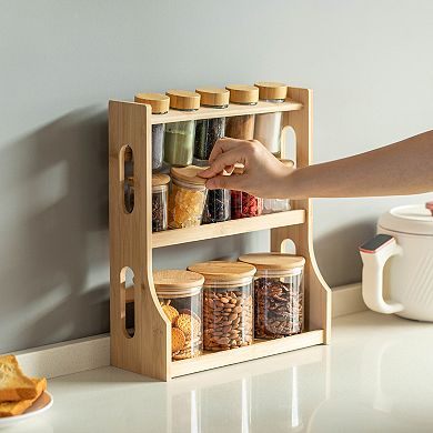 Basicwise Versatile 3-Tier Bamboo Spice Rack and Pantry Organizer with 13 Glass Jars