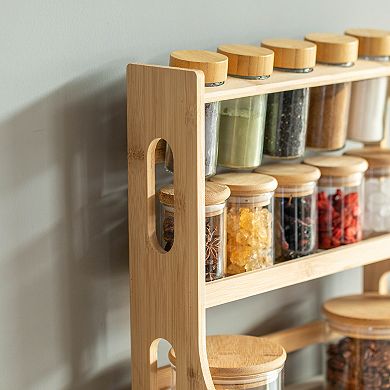 Basicwise Versatile 3-Tier Bamboo Spice Rack and Pantry Organizer with 13 Glass Jars