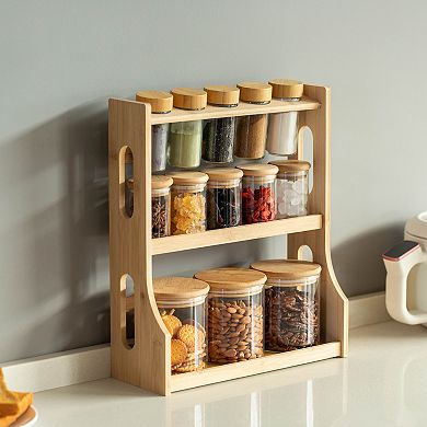 Basicwise Versatile 3-Tier Bamboo Spice Rack and Pantry Organizer with 13 Glass Jars
