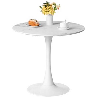 Round Tulip Table With Modern Marble Painting Top And Sturdy Wooden Pedestal Stand