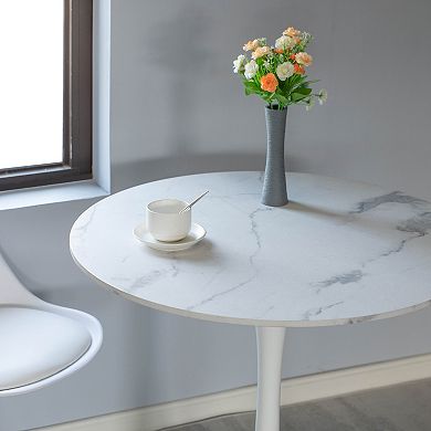 Round Tulip Table With Modern Marble Painting Top And Sturdy Wooden Pedestal Stand