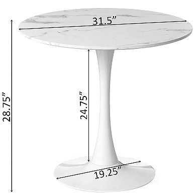 Round Tulip Table With Modern Marble Painting Top And Sturdy Wooden Pedestal Stand