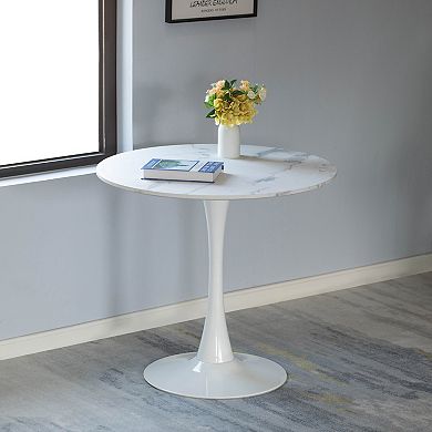 Round Tulip Table With Modern Marble Painting Top And Sturdy Wooden Pedestal Stand