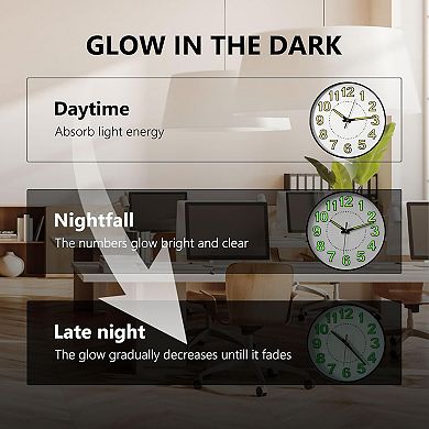 Clockswise 12-in Glow-in-the-Dark Decorative Wall Clock, Non-Ticking Battery Powered