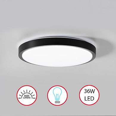 2-pc 16" Round LED Ceiling Light Fixture Modern Flush Mount 36W 6500K Cool Daylight Energy, Black