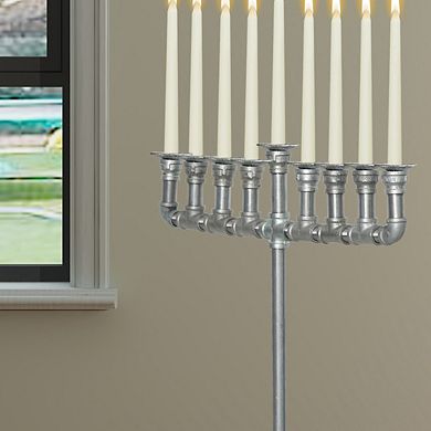 Industrial Galvanized Antique Silver Metal Pipe Hanukkah Menorah