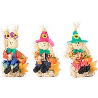 13 Inch Adorable Yard Decor Featuring Garden Scarecrows Relaxing Gracefully on Rustic Hay Bales