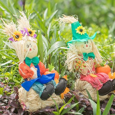 13 Inch Adorable Yard Decor Featuring Garden Scarecrows Relaxing Gracefully on Rustic Hay Bales